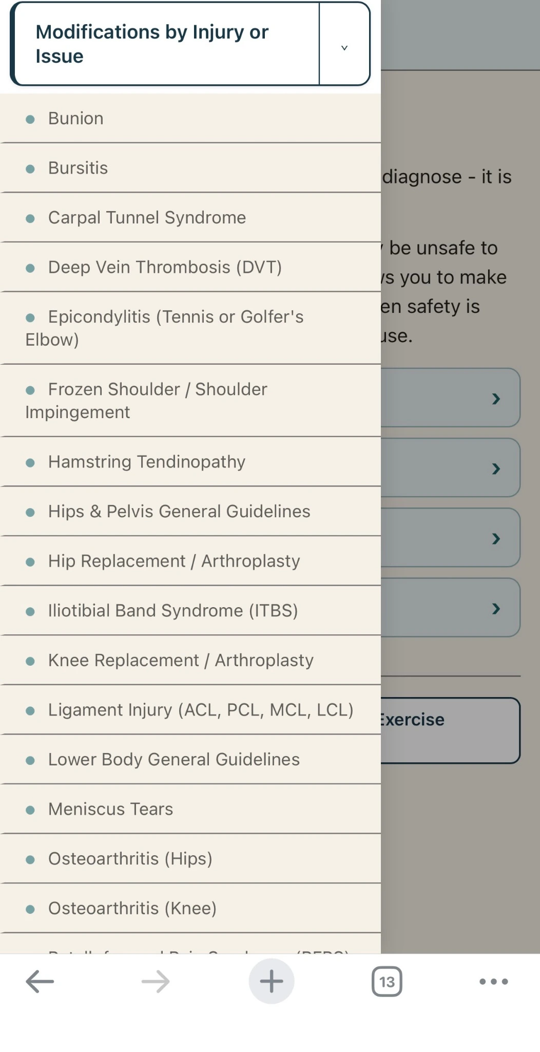 Web app modifications by injury menu